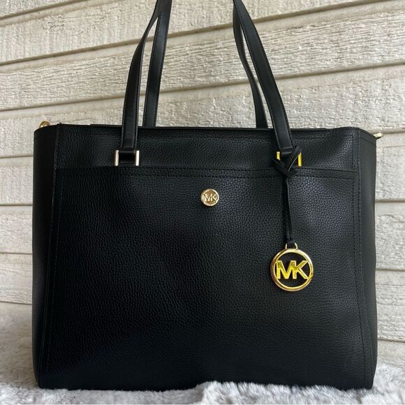 MICHAEL KORS Black Leather Maisie Raven Voyager Tote Shoulder Laptop Work Bag - Picture 1 of 11
